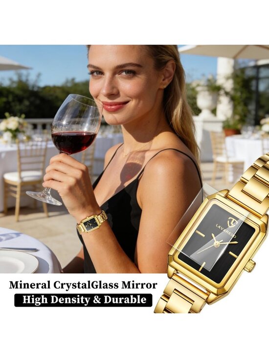 Womens Gold Black Analog Quartz Stainless Steel Waterproof Luxury Bracelet Watch main image 5